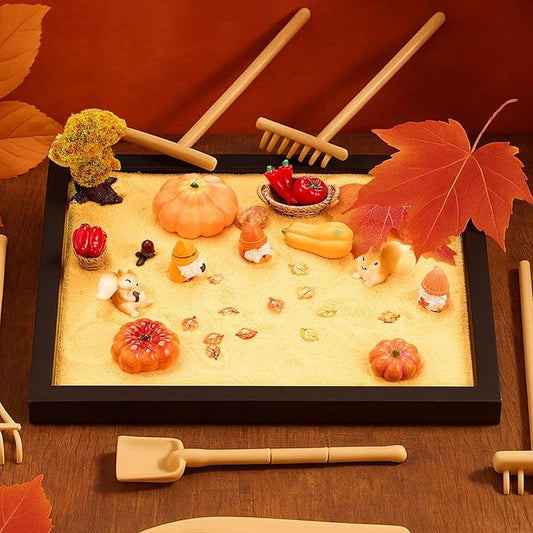 Soulchen Zen Garden Kit for Desk Decor Christmas Sand Zen Garden Gifts Mini Sandbox Set with Black Wooden Tray, Sand, Tools & Accessories Japanese Gifts for Meditation Room Office Home(Fall)