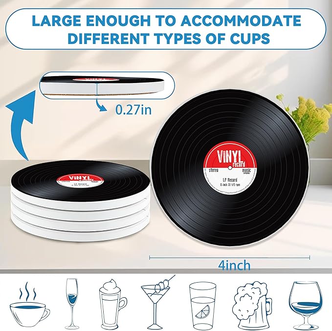 Drinks Coasters Set of 4, Old Record Player Music Round 4" Cup Coasters, Absorbent Ceramic Stone Coasters with Cork Base, Cute Coasters for Table Home Décor, Ideal Gifts for Women Men