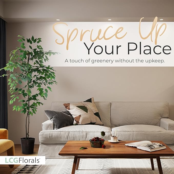 LCG Florals- 6 ft Ficus Tree in Copper Metal Pot with Real-Wood Trunk - Indoor and Outdoor Faux Plants for Patio, Living Rooms, Offices & Outdoor Spaces