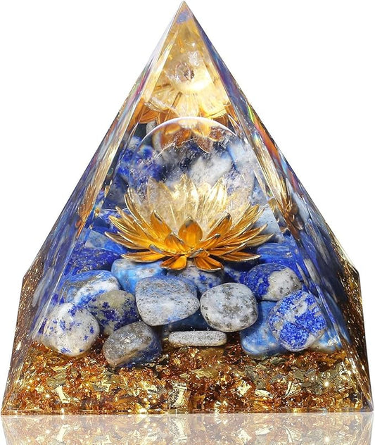 LAIDANLA Lapis Lazuli Orgone Pyramid Healing Crystals Orgonite Pyramid Flower of Life Positive Energy Spiritual Reiki Gemstone Pyramid for Anti-Stress Inspirational Attracts Success Decor Gifts