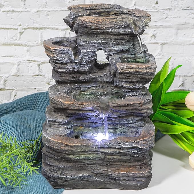Ferrisland 5-Tier Cascading Tabletop Fountain with LED Lights - Indoor Water Fountain Decor Tabletop Small Relaxation Waterfall Feature Dark Gray