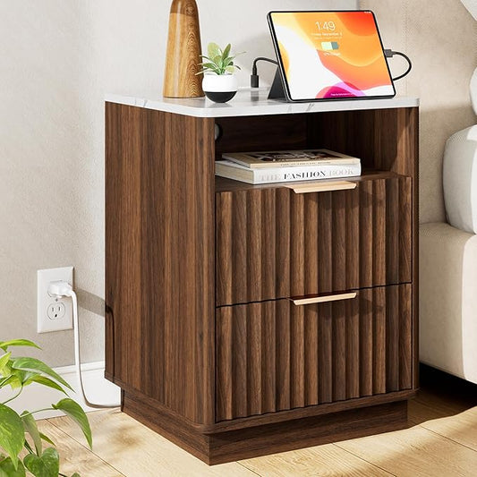 Fluted Nightstand with Charging Station, 18" Modern Night Stand with Faux Marble Top, 2 Drawers End Table with Storage, Bedside Table for Bedroom Living Room, Curved Profile Design(Walnut)