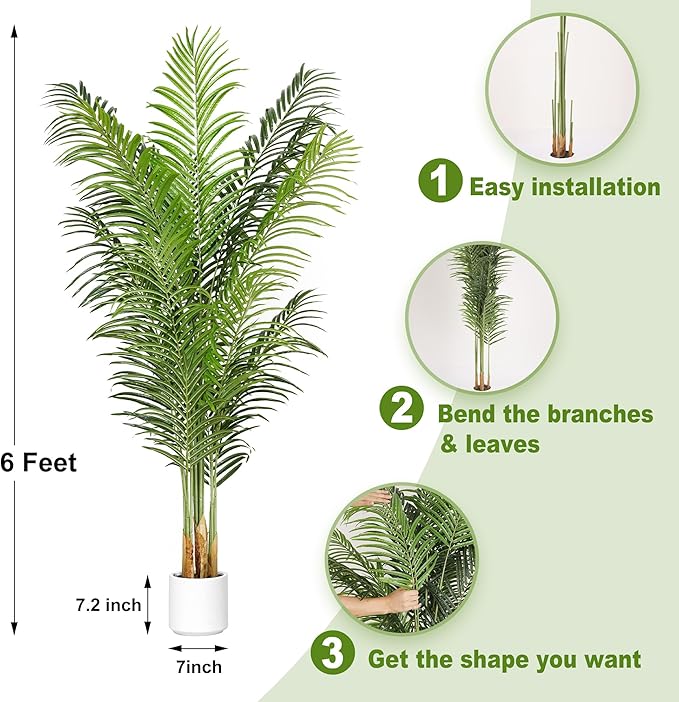 Artificial Palm Tree 6Ft Faux Silk Green Realistic Decorative Tall Fake Potted Plants Artificial for Bedroom Living Room Office Home Decor Indoor Outdoor