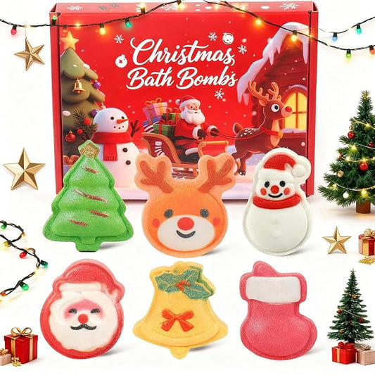 Christmas Bath Bombs for Kids & Women, Handmade Bath Bomb Gift Set of 6 Fun Shapes, Perfect Stocking Stuffers for Teen Girls & Boys, Skin Care Bathbombs as Christmas Gifts for Kids