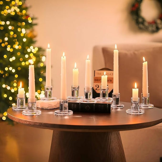 NUPTIO Glass Candle Stick Holder: Set of 10 Clear Small Taper Candlestick Holders for Tapered Candles Bulk Crystal Short Tapers Candlesticks Candleholder for Dining Table Fireplace Mantle Decor