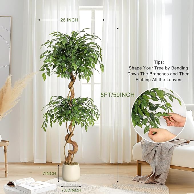 GarveeHome Ficus Artificial Tree with Curved Trunk，5 ft Faux Plant Fake Silk Trees with White Pot, Fake Ficus Tree for Home Decor, Artificial Plants Indoor for Office Living Room