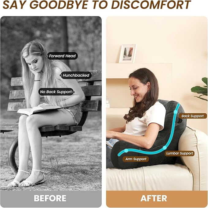 Portable Comfy Reading Pillows for Bed Sitting Up(Grey Oeko-Tex), Velvet Back Pillow with Arms & Pockets for Adults, Support Memory Foam Bed Pillow for Dorm/Reading/Watching/Gaming