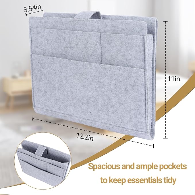 Seefoo Bed Caddy Organizer, Bunk Bed Shelf Caddy with 4 Pockets, Easy Storage as Books, Remotes, Magazine Holder, Sturdy Bedside Organizer for Bed, Bunk, Dorm, Sofa Grey