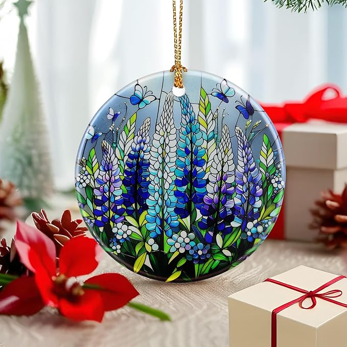 Lupine with Butterfly Ornament Ornament – Christmas Decoration & Christmas Ornament; Round Ceramic (Holiday Present, Bauble Present, Gift Idea, and Gift Exchange) | Heirloom Keepsake