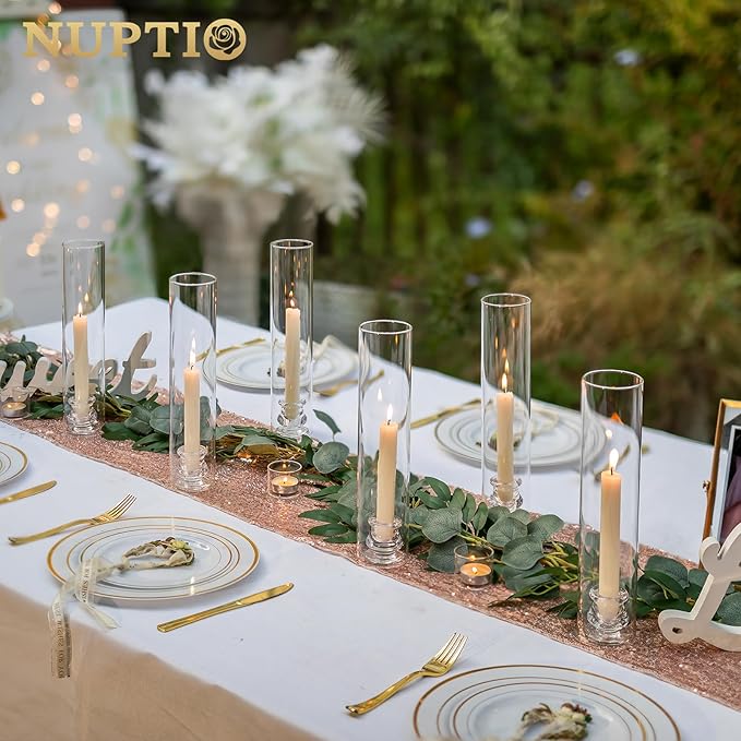 NUPTIO Candlestick Holder Bulk for Centerpiece: Set of 10 Hurricane Glass Taper Candles Holder - Clear Candle Stick Stand with Tall Cylinder Shade for Fall Thanksgiving Christmas Party Decor