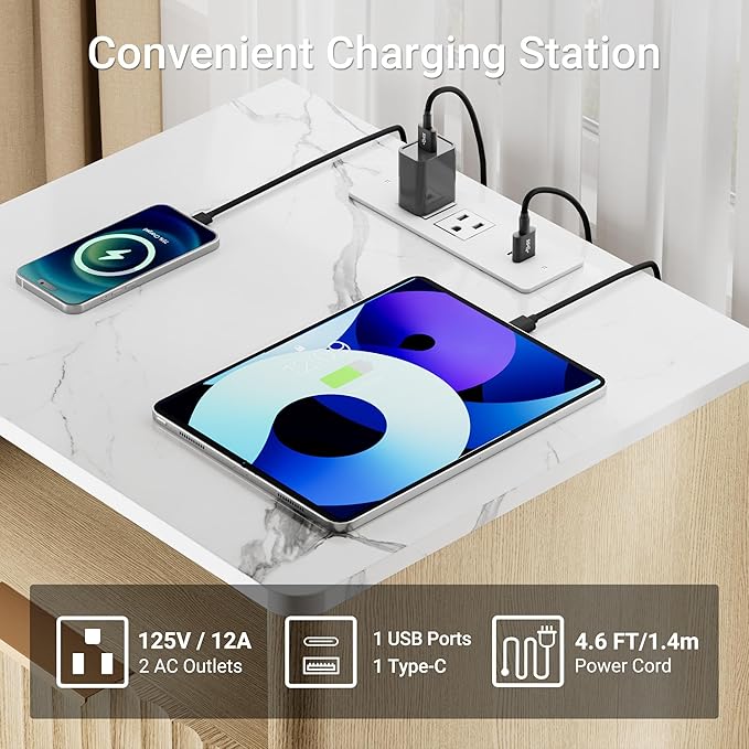 Large Fluted Nightstand with Charging Station, 23" Modern End Table with Faux Marble Top, 2 Drawers Night Stand with Storage, Side Table for Bedroom Living Room,Curved Profile(Natural Oak)