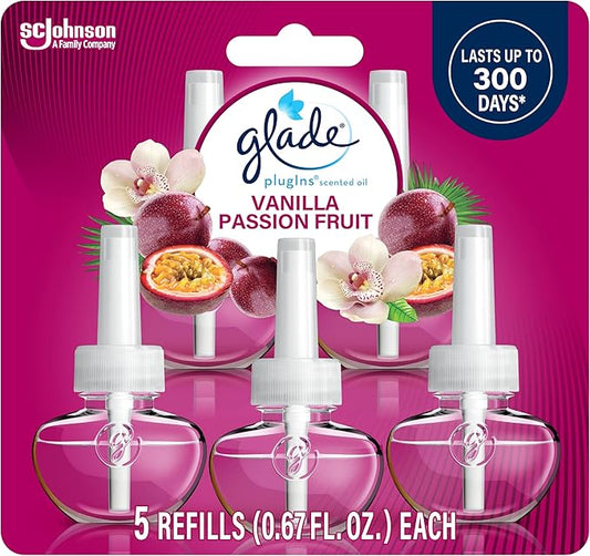 Glade PlugIns Refills Air Freshener, Scented and Essential Oils for Home and Bathroom, Vanilla Passion Fruit, 3.35 Fl Oz, 5 Count