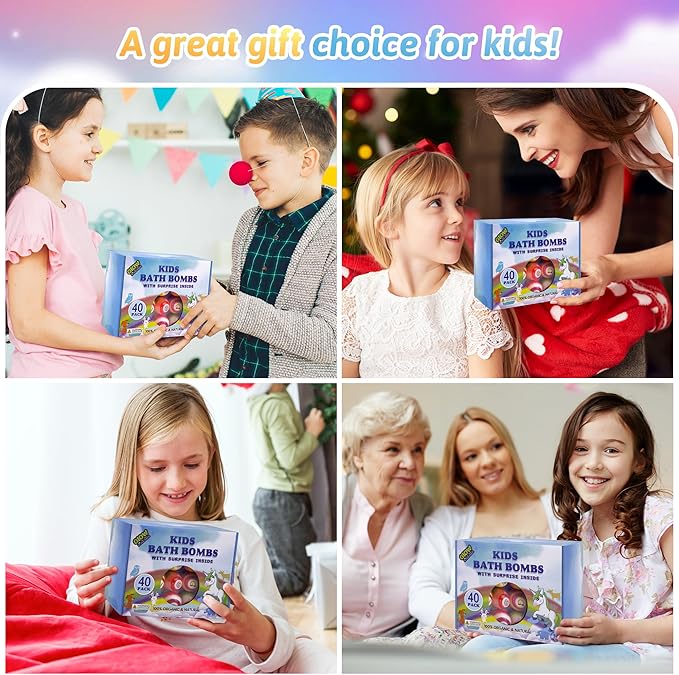 Bath Bombs for Kids with Toys Inside - 40 Pack Surprise Organic Natural Bath Bombs (Dino/Unicorn/Marine) Toddler Toys for Boys & Girls, Children's Birthday Christmas Gifts Set