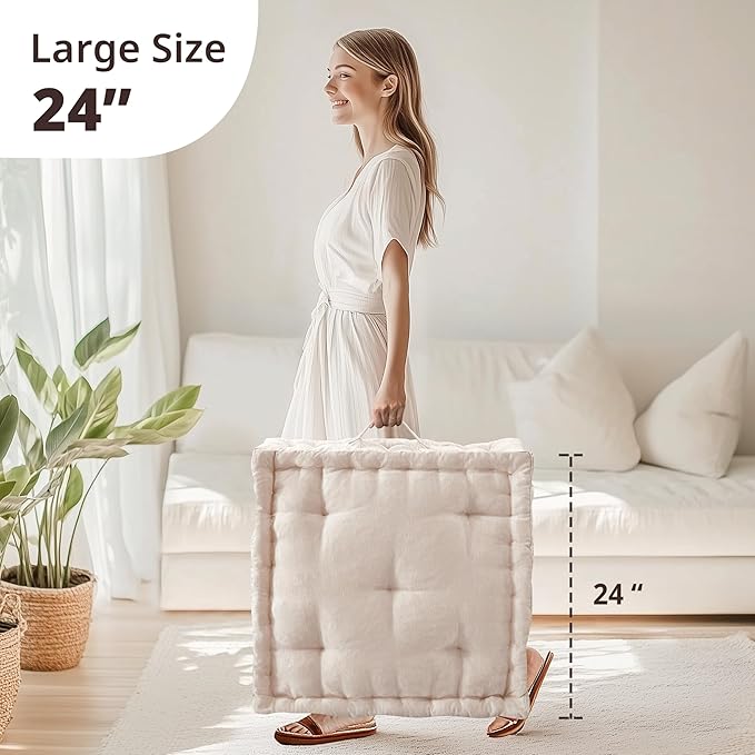 Intelligent Design Large Floor Pillow for Adults Yoga or Meditation Cushion with Handle, Floor Cushion for Board Games, Lustrous Chenille Tufted, Handsewn Scalloped Edge, Azza, 24" x 24" x 5" Ivory