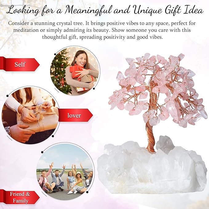 Rose Quartz Crystal Tree with White Aura Base Tree of Life Decor for Shelf, Bedroom, Birthday Gifts for Women, Sister Gift, Birthday Gifts for Mom, Cute Home Office Decor Housewarming Present
