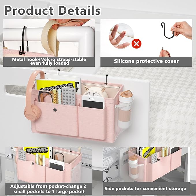 Bedside Caddy Bedside Organizer with Fixed Straps & Water Bottle Holder, Bunk Bed Caddy ideal for Home, Dorm, Hospital, Crib, Versatile Bedside Storage Solution (Pink 2pcs)