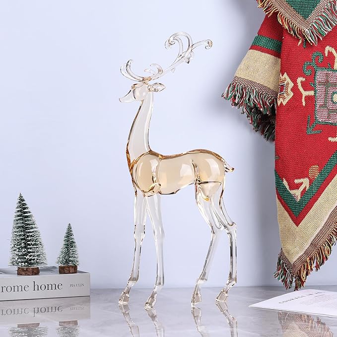 18" Tall Acrylic Christmas Reindeer Figurine - Elegant Clear Large Reindeer Ornaments for Christmas Indoor Decor, Holiday Centerpiece, Living Room, Fireplace, Table Display (Gold Standing Reindeer)