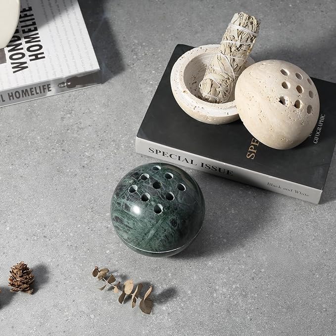 Koville Marble Incense Burner, Natural Stone Incense Holder for Cone/Balsam Fir/Palo Santo/Sage, Handmade Sphere Incense Burner for Meditation Yoga SPA Relaxation, Home Decor(Green)