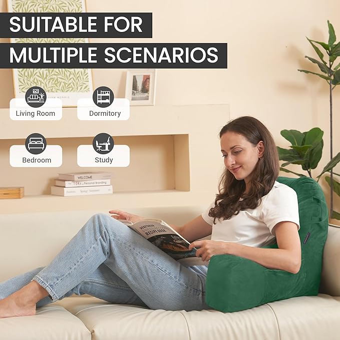 Portable Comfy Reading Pillows for Bed Sitting Up(Green Oeko-Tex), Velvet Back Pillow with Arms & Pockets for Adults, Support Memory Foam Bed Pillow for Dorm/Reading/Watching/Gaming