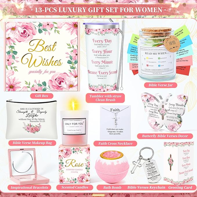 Fortuning's JDS 13PCS Christian Gifts for Women Faith, Pink Birthday Gifts for Women, Inspirational Gifts,Self Care Gifts Get Well Soon Gifts Basket, Care Package for Mom Wife Her Sister Best Friends