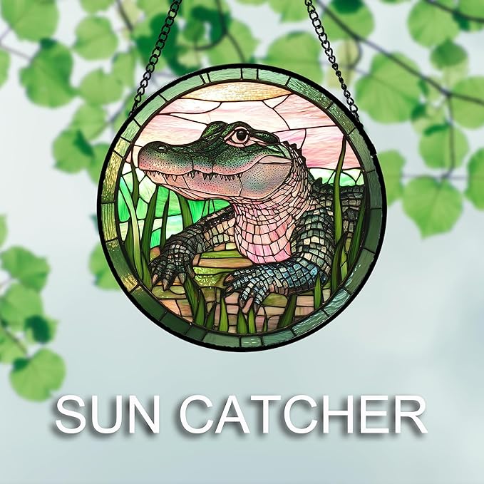 Stained Glass Window Hanging 4 Pcs Set Cute Animal 9.8"- Green Plant Pink Suncatcher Door Garden Sun Catcher Decor Birthday Christmas for Mom Woman Nana Men Friend