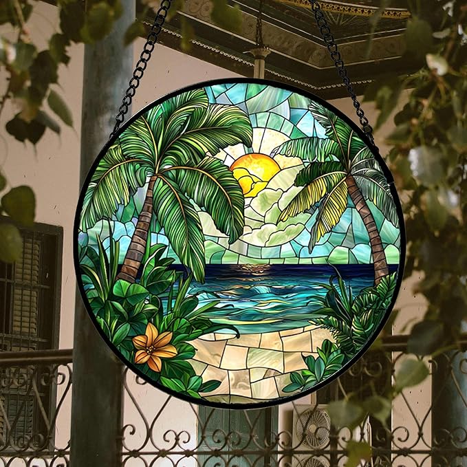 Stained Glass Window Hanging, Green Beach Scenery Suncatcher Diamond Glass Panel Hangings Sun Catchers Decor for Birthday for Women, Men, Wife, Aunt, and Mom 14.9x14.9 in