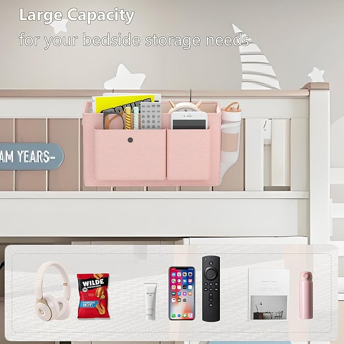 Bedside Caddy Bedside Organizer with Fixed Straps & Water Bottle Holder, Bunk Bed Caddy ideal for Home, Dorm, Hospital, Crib, Versatile Bedside Storage Solution (Pink)