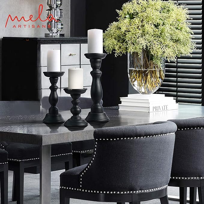 Mela Artisans Matte Black Hand Carved Wooden Pillar Candle Holders - Set of 3 | Tuli Decorative Style | Crafted from Mango Wood | Rustic Table Centerpiece Decor | Sized 6", 9" and 12"