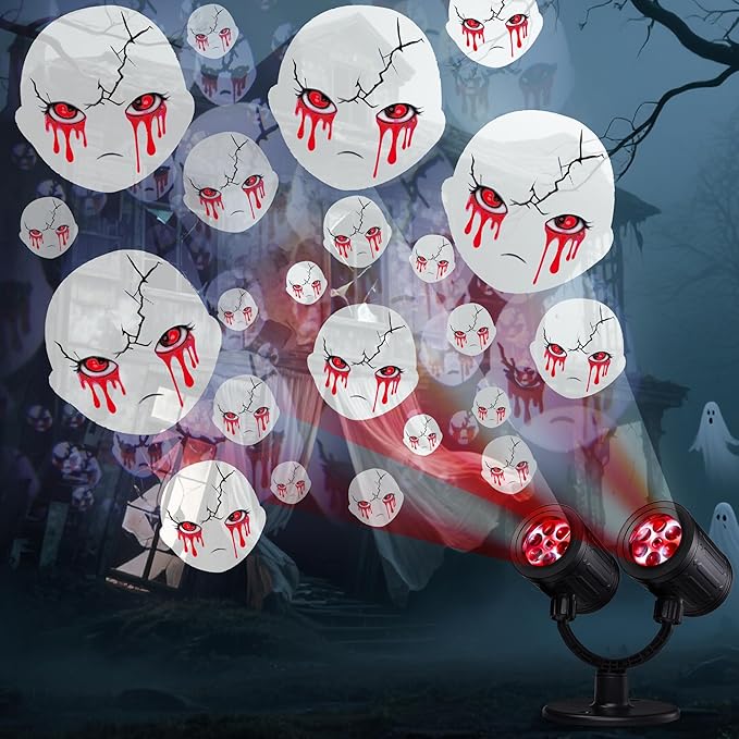 Toodour Halloween Projector Lights Outdoor, Double Head Dynamic Halloween Lights Projector with Timer, Waterproof White Ghost Decorations Light for Indoor Outdoor Home Window Wall Decorations