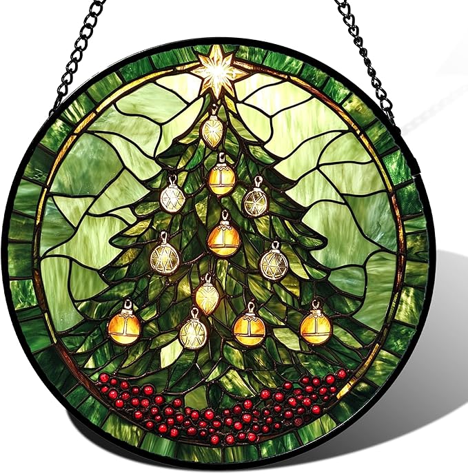 Stained Glass Window Hanging - Green Christmas Tree Golden Bells Suncatcher for Doors Home Christmas Decoration Sun Catcher Thanksgiving New Year Birthday Gift for Women Men Mom Nana 11.8 in