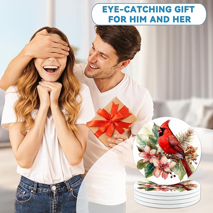 Cardinal Coasters Set of 4, Absorbent Ceramic Stone Coasters with Cork Base, Winter Christmas Home Decor, Ideal Gifts