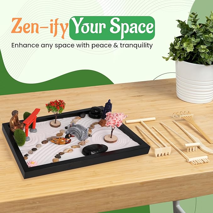 Zen Garden for Desk - Sand Tray Therapy Kit - Therapy Office Decor. 6 Rake Tools, 15 Piece Zen Garden Accessories, Meditation Accessories for Home and Office Relaxation, Gorgoeus Gift