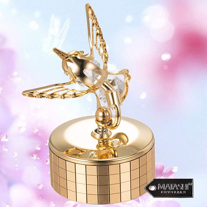 Matashi Christmas Gift for Women - Hummingbird Music Box with 24K Gold Plated Crystal - Tabletop Showpiece for Home, Office, Living Room for Her