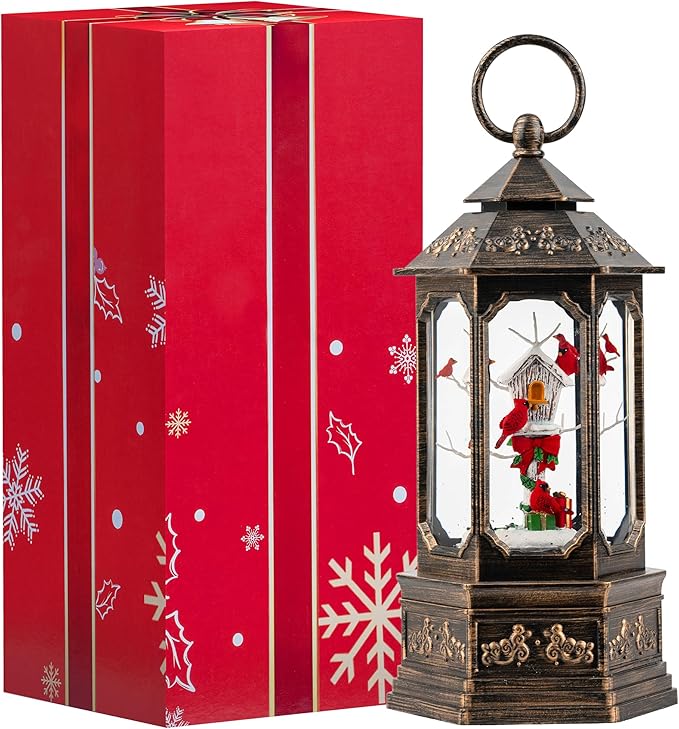 Musical Snow Globe Lantern Lighted Cardinal & Birdhouse Christmas Snow Water Lantern Swirling Glittering Home Decoration and Gift, Battery Operated or USB Powered