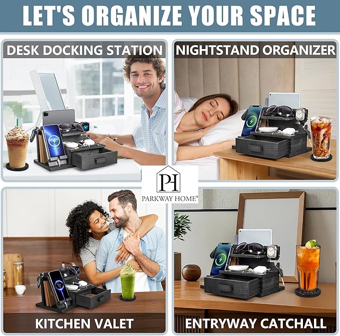 Black Wood Phone Docking Station with Drawer, Compatible with Apple Watch - Wood Charging Station Organizer Stand, Bedside Nightstand Organizer for Men, Holds, Tablet, Glasses, Keys, EDC