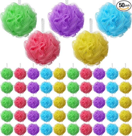 Nitial 50 Pcs Large Bath Shower Loofah Sponge Bulk 60g Exfoliating Bath Sponge Soft Shower Scrunchies Colorful Bath Loofahs for Men Women Shower(Fresh Color)