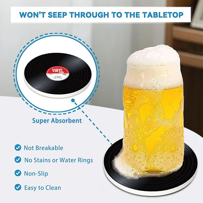 Drinks Coasters Set of 4, Old Record Player Music Round 4" Cup Coasters, Absorbent Ceramic Stone Coasters with Cork Base, Cute Coasters for Table Home Décor, Ideal Gifts for Women Men