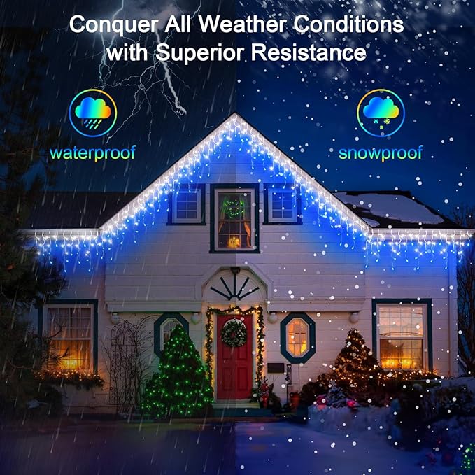 50FT 504 LED Outdoor Christmas Lights - 112 Ice Drops, 12 Pro Modes with Timer Memory & Brightness, Waterproof Hanging Ice String Light for Holiday Wedding Garden Fence House Decor (Blue & White)