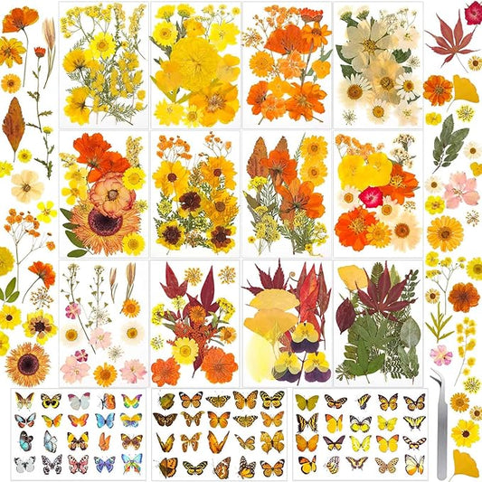 361 Pcs Pressed Dried Flowers with Butterfly Stickers for Crafts, Real Pressed Wildflowers Dry Leaves Bulk with Tweezer for Resin Jewelry Molds, Candle Soap Making, Scrapbook, Bookmark, Nails Decor