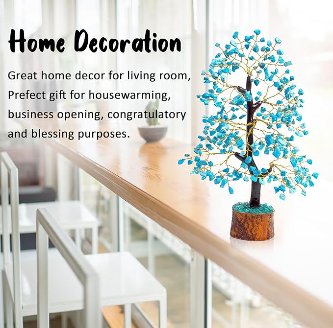 Crocon Turquoise Gemstone Tree Feng Shui Figurine Money Bonsai Good Luck Chakra Balancing Reiki Healing Crystals Decoration Ornament Sculpture Prosperity Table Decor Gift Size 10-12"""
