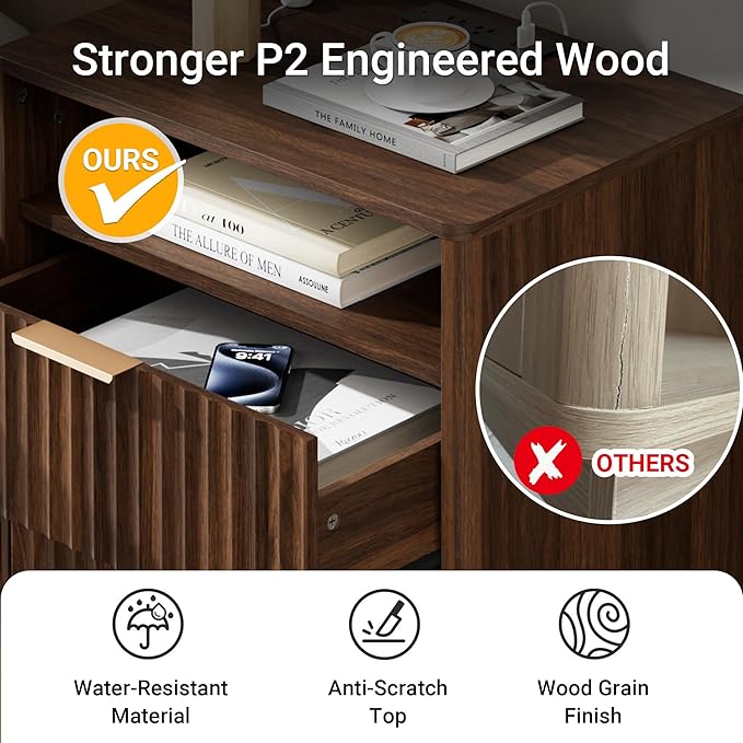 Fluted Nightstand Set of 2 with Charging Station, 18 inch Modern Farmhouse Night Stand, 2 Drawers End Table with Storage, Bedside Table for Bedroom Sofa Home Office, Curved Profile, Walnut