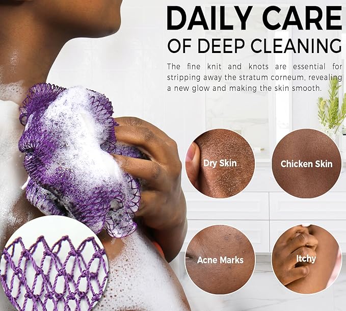 African Net Sponge Authentic - 2 Pieces Exfoliating Body Scrubber Bath Sponge - Back Scrubber Washcloth for Shower White&Purple - Real African Scrub Exfoliator Body Care Bathing Accessorie