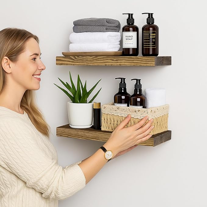 BGMG Wood Floating Shelves for Wall 16 inch Set of 2, Rustic Wooden Wall Mount Shelves for Living Room Bedroom Kitchen Farmhouse-16x6.7x1.25 inch- Dark Walnut