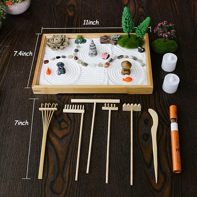 Tabletop Zen Garden Kit Set - Mini Rock Sand Garden Zen Gift Set for Home Office Desk Japanese Decor 7 Zen Tools Mini Rakes 21 Accessories Bamboo Sand Tray Therapy Desktop Meditation Room Gifts