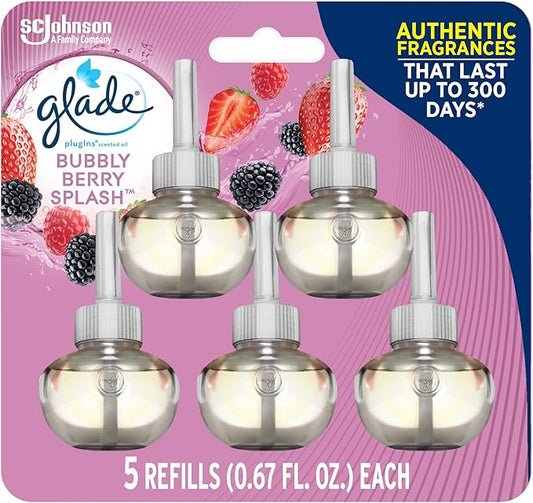Glade PlugIns Refills Air Freshener, Scented and Essential Oils for Home and Bathroom, Bubbly Berry Splash, 3.35 Fl Oz, 5 Count