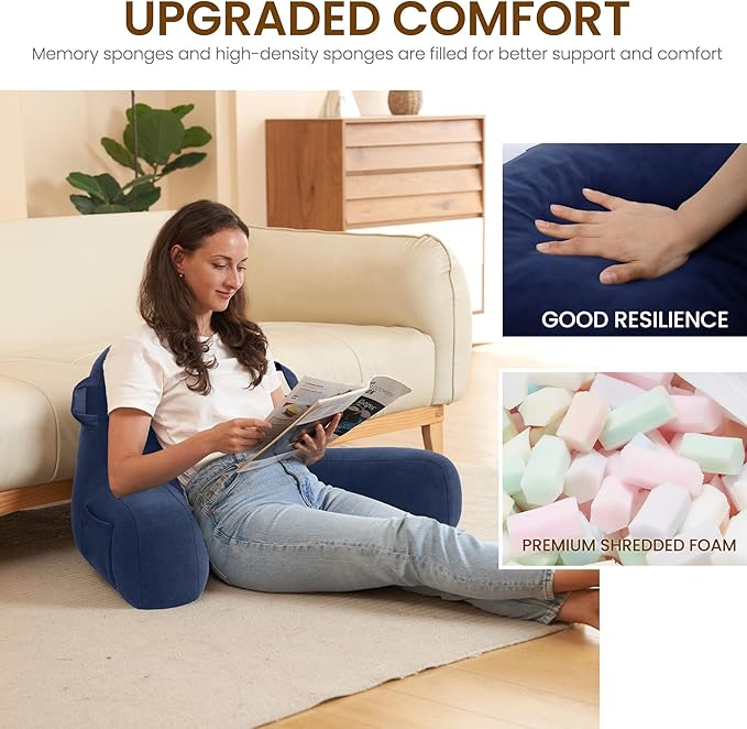 Portable Comfy Reading Pillows for Bed Sitting Up(Royal Blue Oeko-Tex), Velvet Back Pillow with Arms & Pockets for Adults, Support Memory Foam Bed Pillow for Dorm/Reading/Watching/Gaming