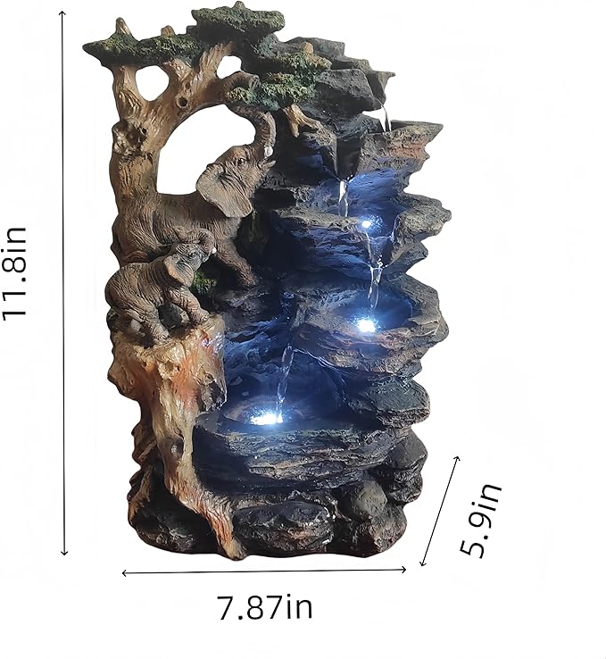 Water Fountain Indoor, Desktop Fountain Waterfall,Elephant Sculpture Layered LED Lighting. Indoor Office and Home Decorations Suitable for Creating a Peaceful Atmosphere.