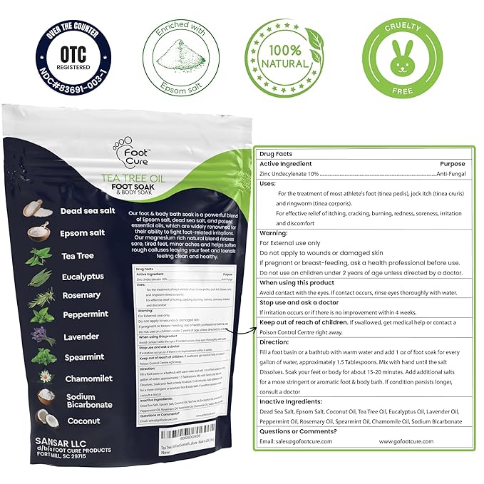 FOOT CURE Premium Epsom Salt Foot Soak - Tea Tree Oil Foot Soak for Athletes - Relaxing Foot Bath with Fungal Support - Foot Soaking Salts & Oils - Soothing for Tired Feet & Calluses (Pack of 4)