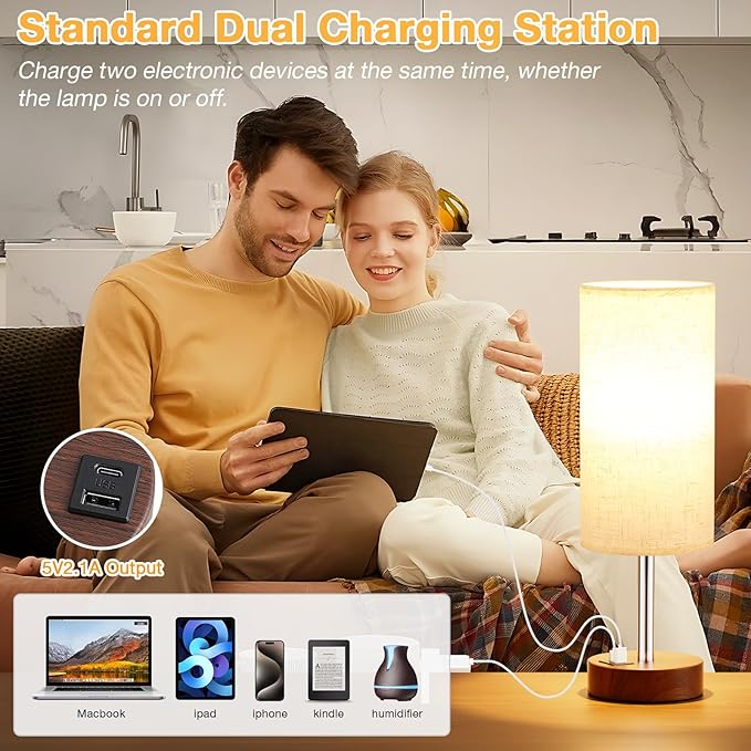 Touch Bedside Table Lamp with USB - 3 Way Dimmable Redwood Lamps for Bedroom Nightstand, Desk Lamp with Charging Station for Dorm, Living Room, Office, Kids Room, Nursery