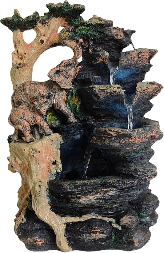 Water Fountain Indoor, Desktop Fountain Waterfall,Elephant Sculpture Layered LED Lighting. Indoor Office and Home Decorations Suitable for Creating a Peaceful Atmosphere.